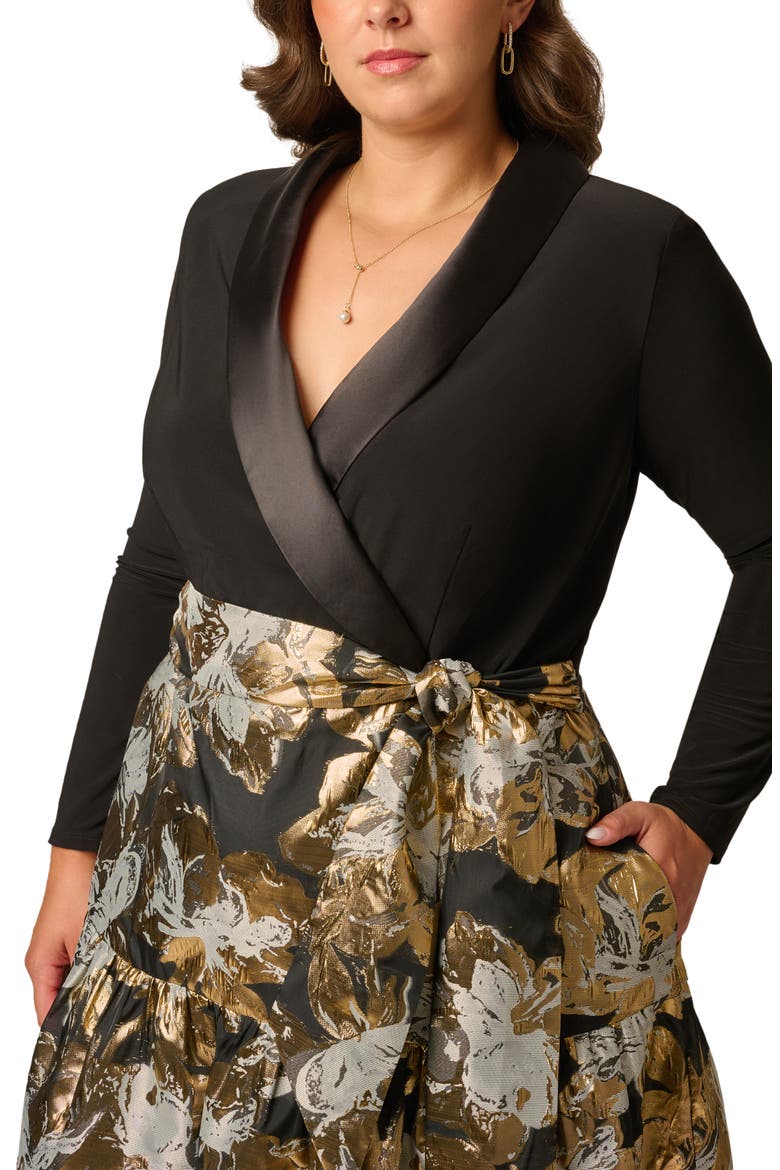 Jacquard Shawl Collar Dress, Alternate, color, BLACK/ GOLD