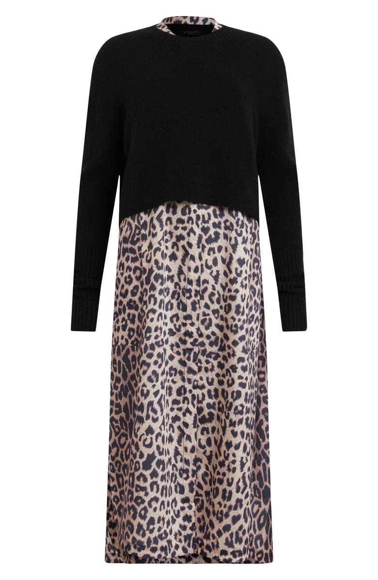 AllSaints Angelina Leopard Print Long Sleeve Sweater and Sleeveless Dress Set, Alternate, color, Black Leopard