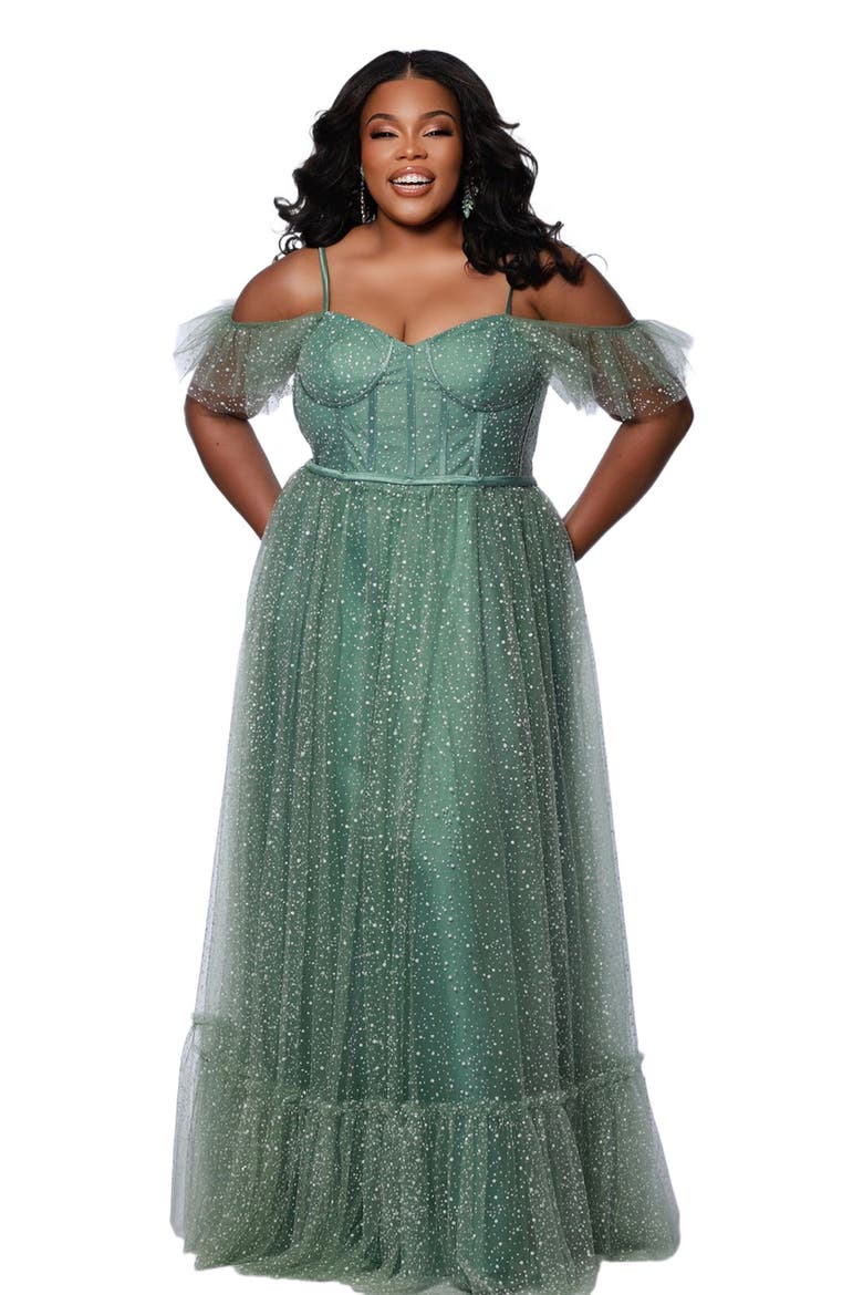 V-Neckline Flutter Sleeve Slim A-line Plus Size Gown, Main, color, Sage