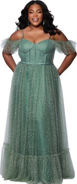 Sydney's Closet V-Neckline Flutter Sleeve Slim A-line Plus Size Gown