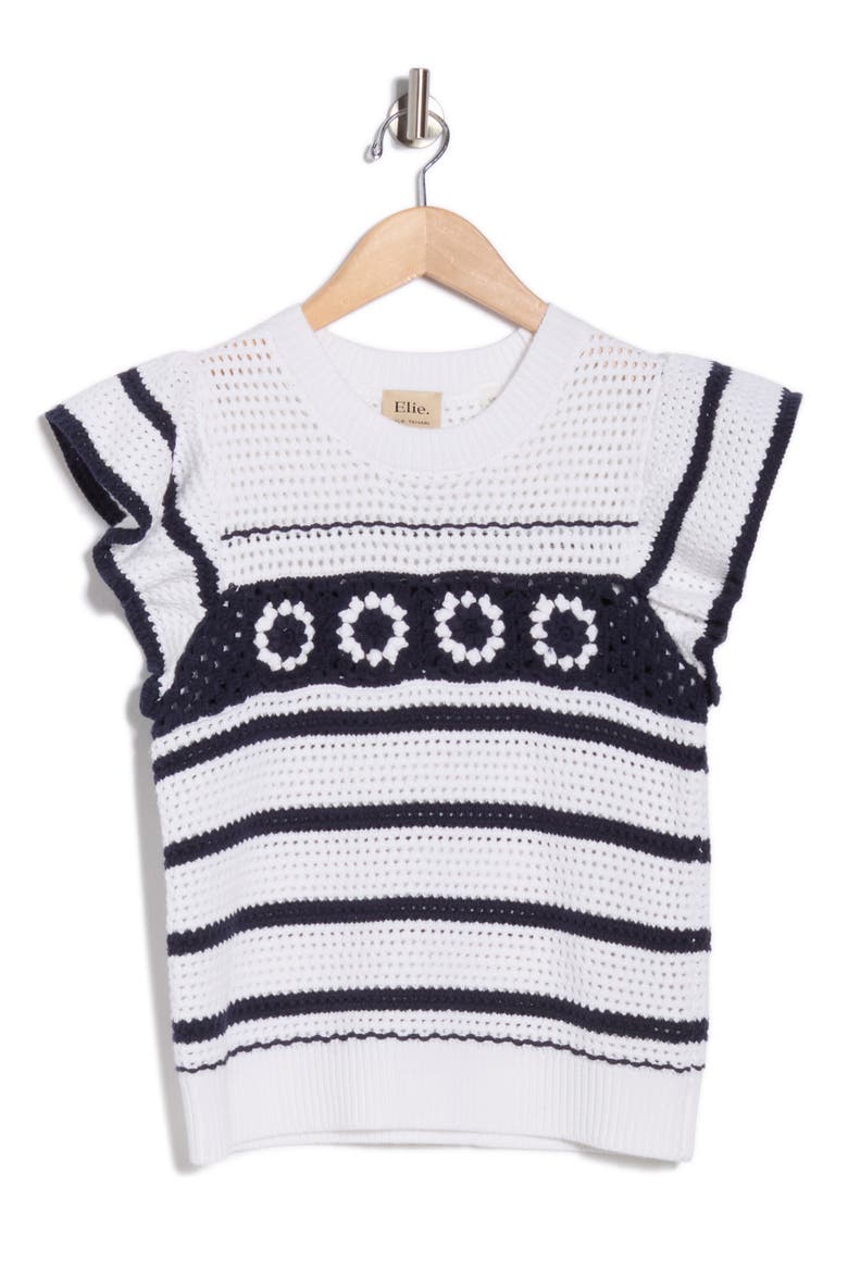 Ruffle Open Knit Sweater, Alternate, color, IVORY/ NAVY