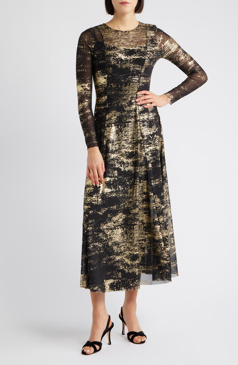 Ted Baker London Junhaa Long Sleeve Foiled Mesh Midi Dress, Main, color, 