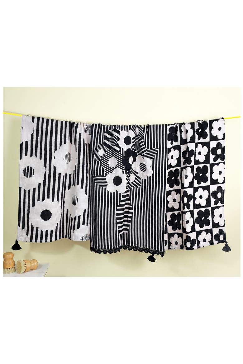 Set of Three Modern Graphic Floral Kitchen Towels, Alternate, color, BLACK
