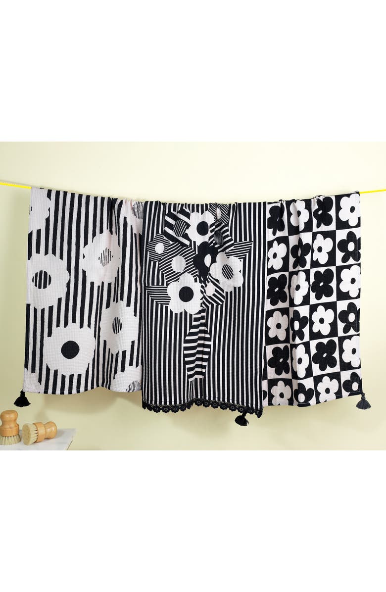 Tiramisu Set of Three Modern Graphic Floral Kitchen Towels, Alternate, color, Black