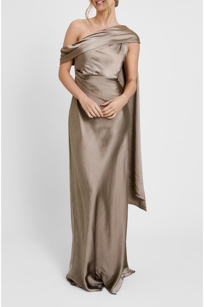 one shoulder draped bridesmaid dress Fitted One-Shoulder Stretch Satin Slit Bridesmaid Dress with Draped Train S6048B - Bridesmaid Dresses