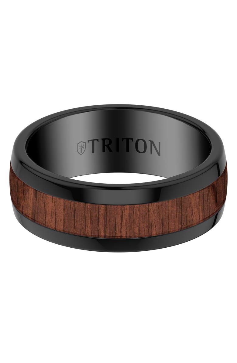 Triton 8MM Contemporary Black Tungsten Carbide Ring with Walnut Woode Inlay Center and Polished Dome Edge Profile, Alternate, color, 