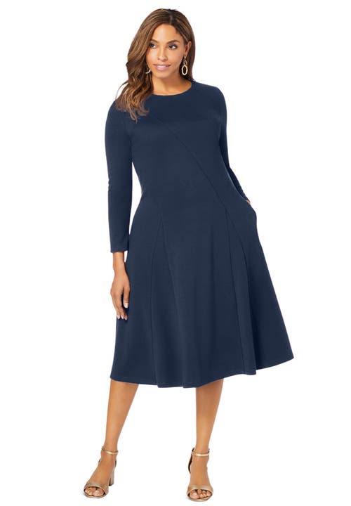 Jessica London Long Sleeve Stretch Ponte Dress In Blue