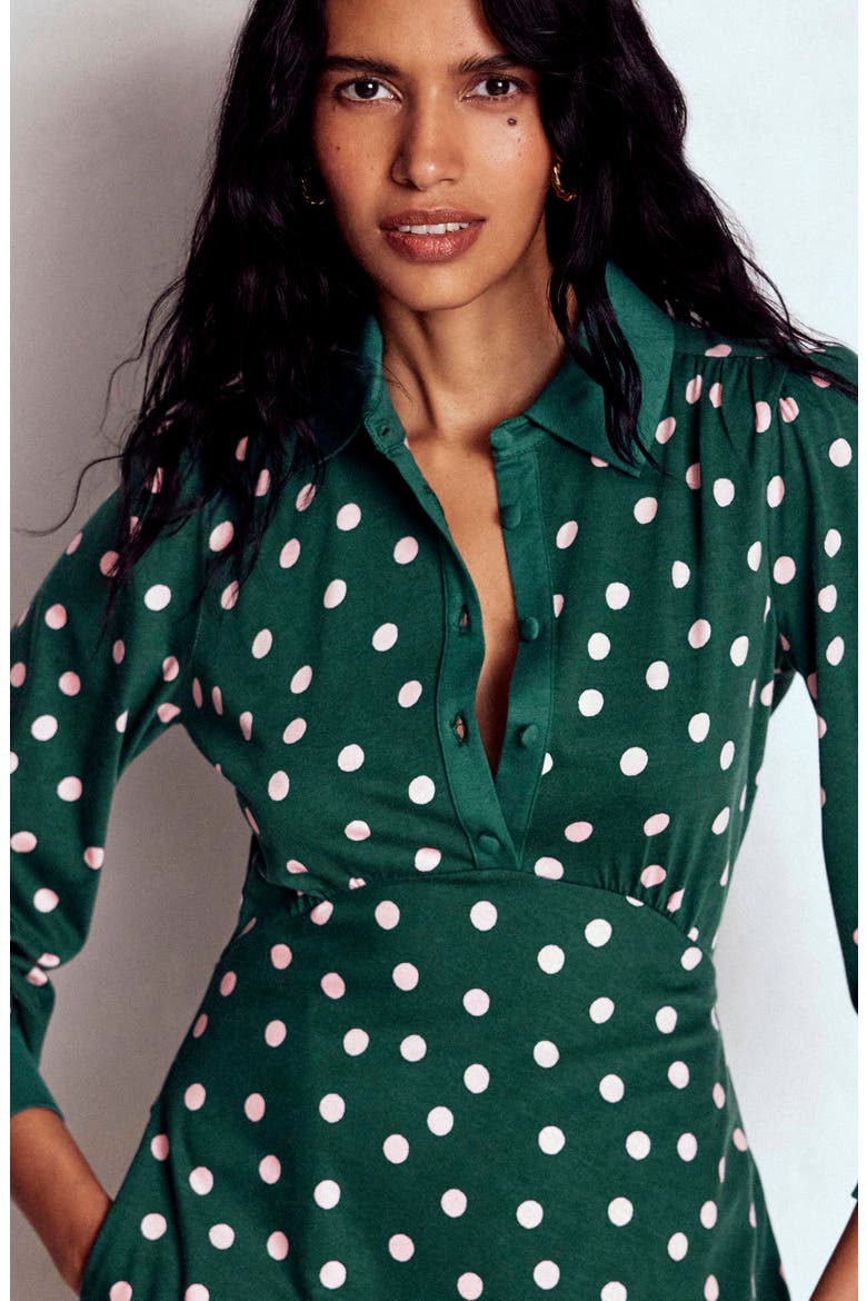 Polka Dot Empire Waist Long Sleeve Dress, Alternate, color, EMERALD NIGHT PAINTED DOT
