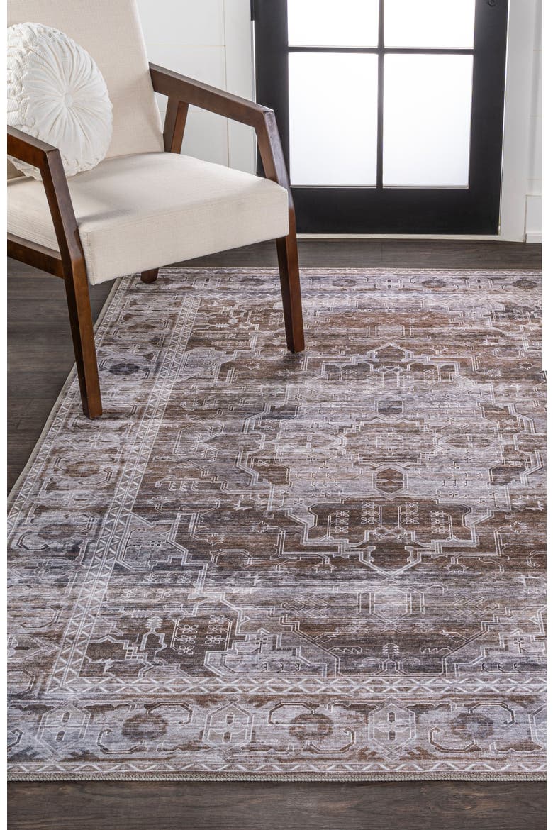Alanya Ornate Medallion Machine-Washable Area Rug, Alternate, color, Brown/Light Gray