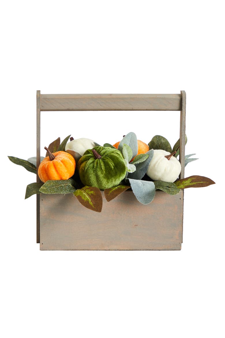 10-in Fall Pumpkin Artificial Autumn Arrangement in Wood Basket, Main, color, Multicolor