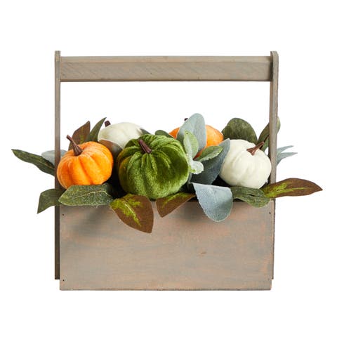 10-in Fall Pumpkin Artificial Autumn Arrangement in Wood Basket