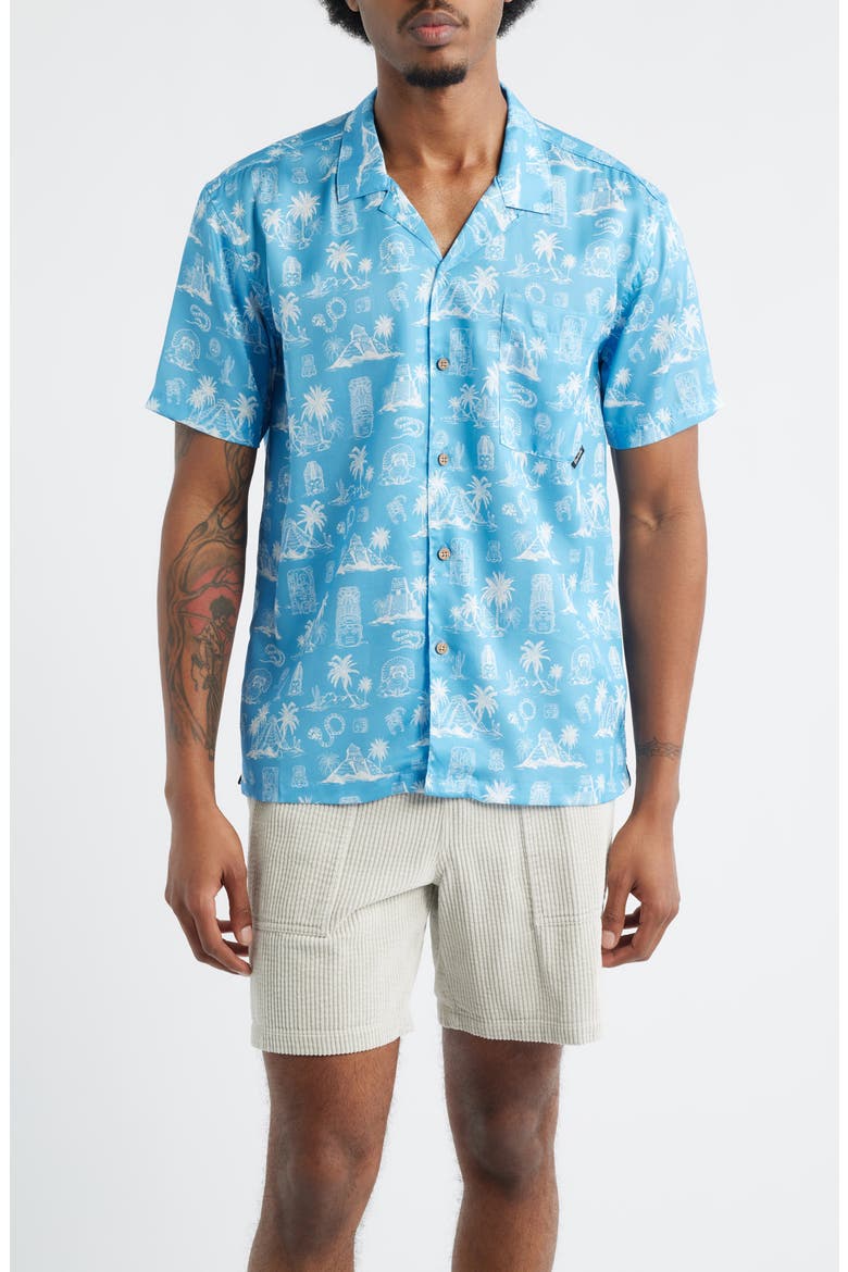Print Short Sleeve Button-Up Camp Shirt, Main, color, BLUE
