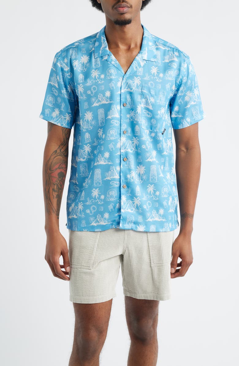 Boardies Print Short Sleeve Button-Up Camp Shirt, Main, color, Blue