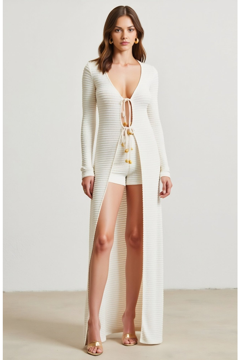 Ribbed Knit Longline Cardigan and Matching Shorts Vacation Set, Alternate, color, Ivory