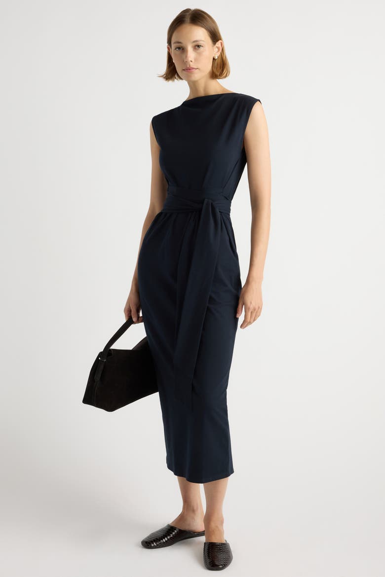 Edina Tie-Front Slit-Neck Dress, Alternate, color, Deep Navy