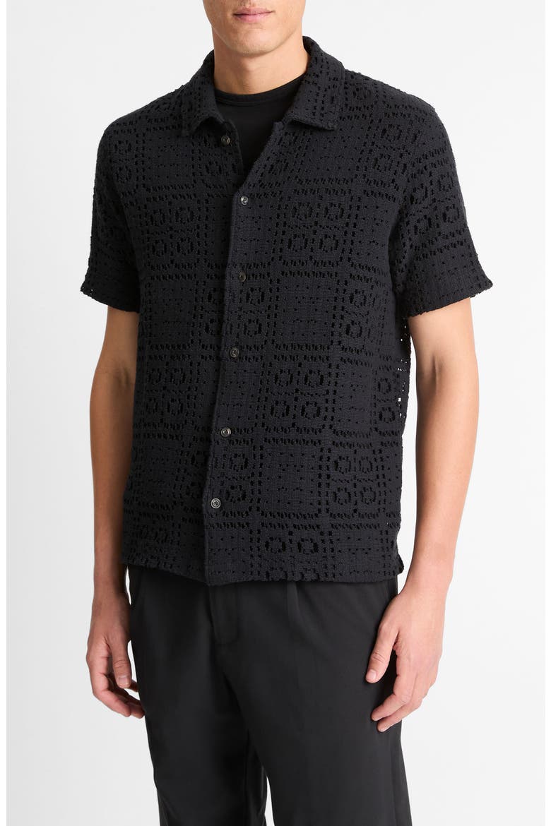 Openwork Short Sleeve Button-Up Shirt, Alternate, color, BLACK