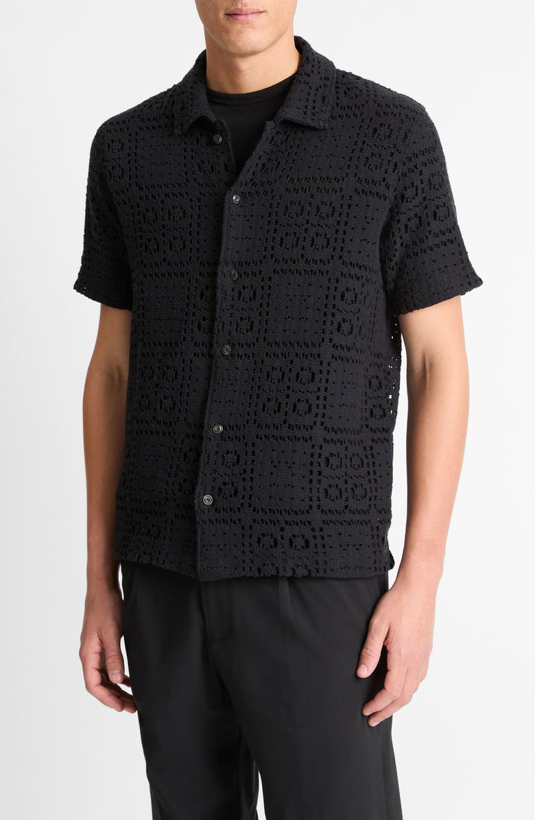Vince Openwork Short Sleeve Button-Up Shirt, Alternate, color, Black