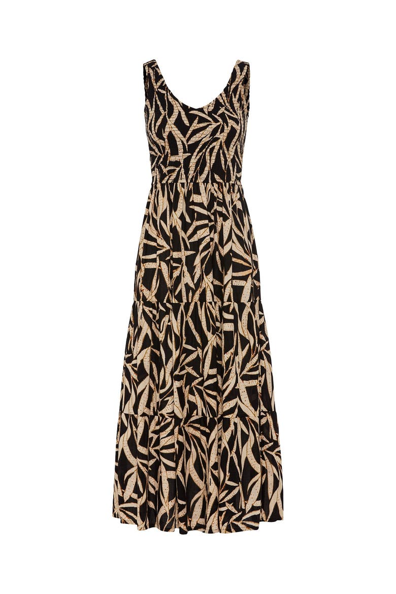Smocked V-Neck Maxi Dress, Alternate, color, Black Printed