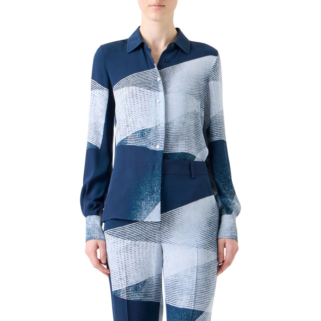 Akris Zigzag Print Silk Crepe Button-down Blouse In Blue