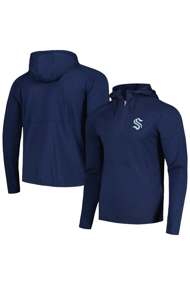 Men's Antigua Heather Navy Seattle Kraken Spikes Raglan Quarter-Zip Hoodie, Main, color, Heather Navy