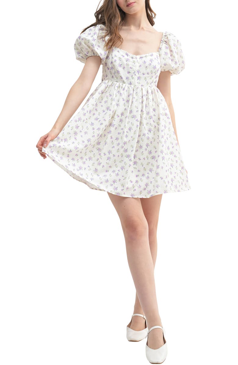 All in Favor Floral Puff Sleeve Babydoll Minidress, Main, color, Cream Lilac Floral