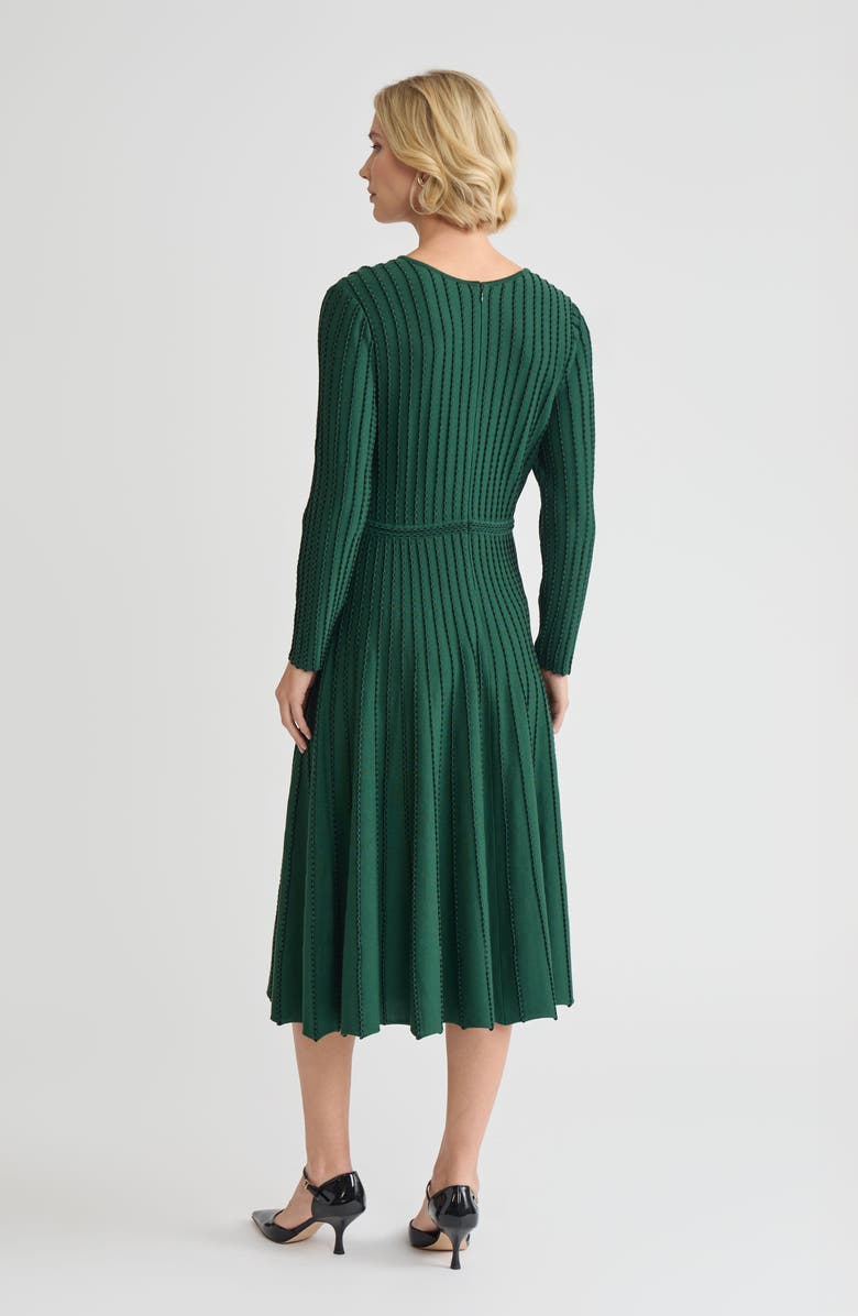 Misook Fit & Flare Raised Linear Stitch Midi Dress, Alternate, color, Dark Ivy/ Black