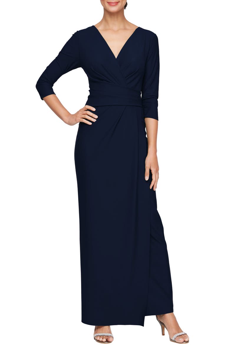 Alex Evenings Surplice Neck Column Gown, Main, color, Navy