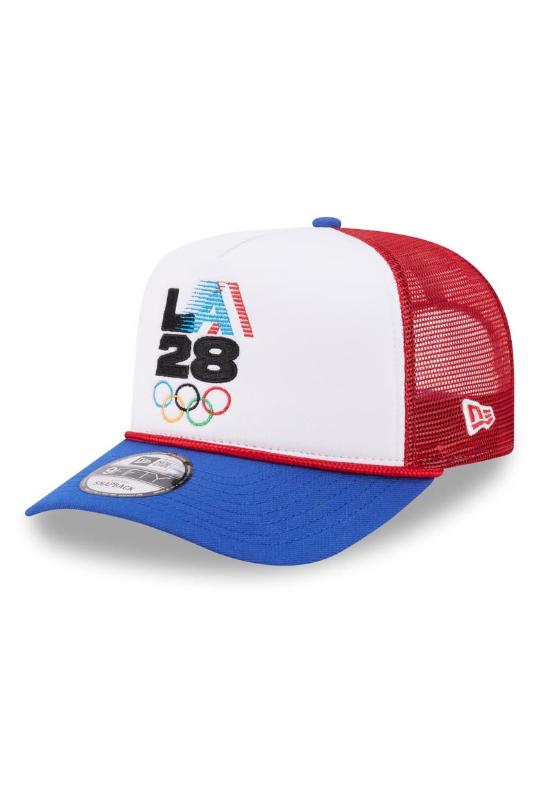 Men's New Era White/Red LA28 Summer Olympics Retro Stripe Rope A-Frame 9FIFTY Trucker Snapback Hat, Main, color, White