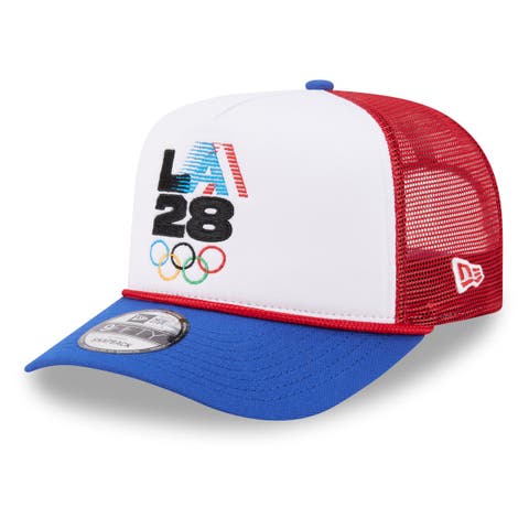 Men's New Era White/Red LA28 Summer Olympics Retro Stripe Rope A-Frame 9FIFTY Trucker Snapback Hat