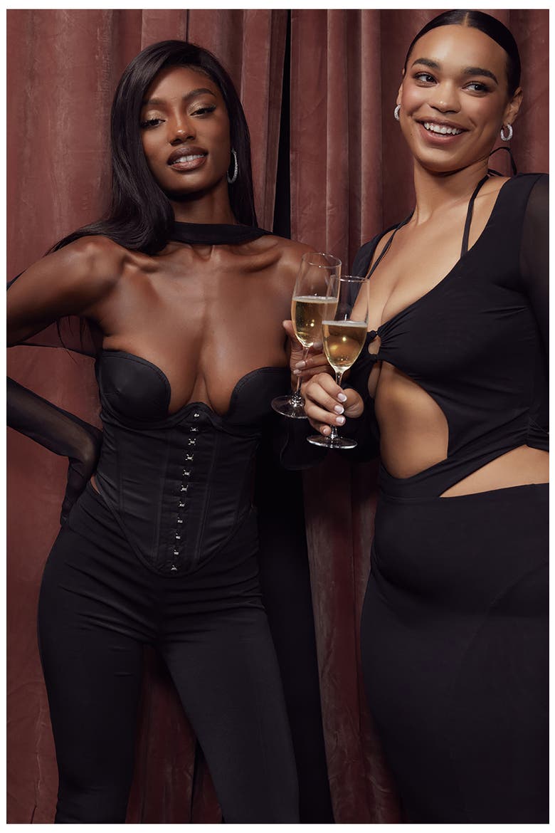 Mina Plunge Long Sleeve Structured Corset Top, Alternate, color, BLACK