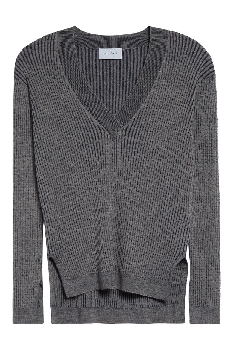 Vanis Fine Gauge Cable Stitch V-Neck Sweater, Alternate, color, TAUPE/ NAVY