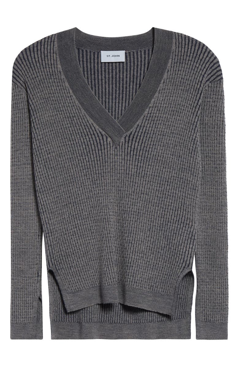 ST. JOHN Vanis Fine Gauge Cable Stitch V-Neck Sweater, Alternate, color, Taupe/ Navy