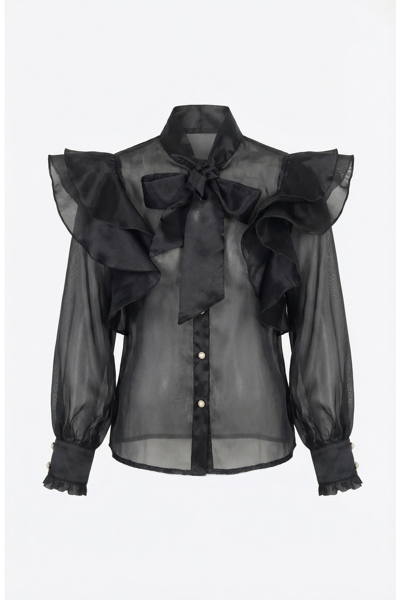 Ruffle Oversized Bow Tie Button-Front Blouse, Alternate, color, Black