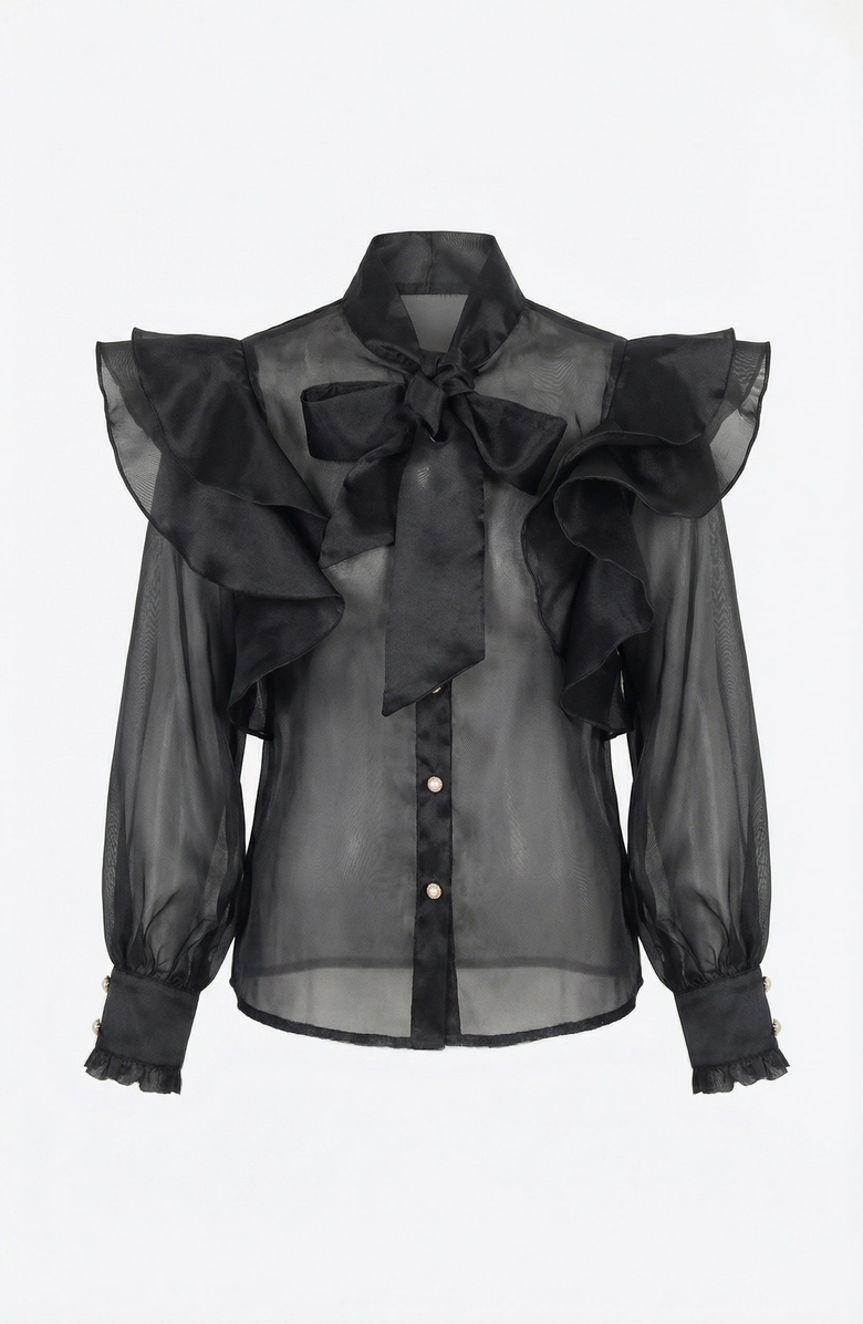 Modenaire Ruffle Oversized Bow Tie Button-Front Blouse, Alternate, color, Black
