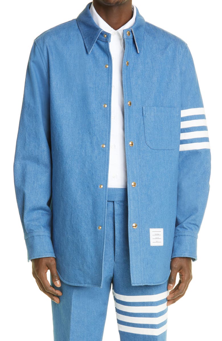Thom Browne 4-Bar Snap Front Denim Shirt Jacket, Main, color,