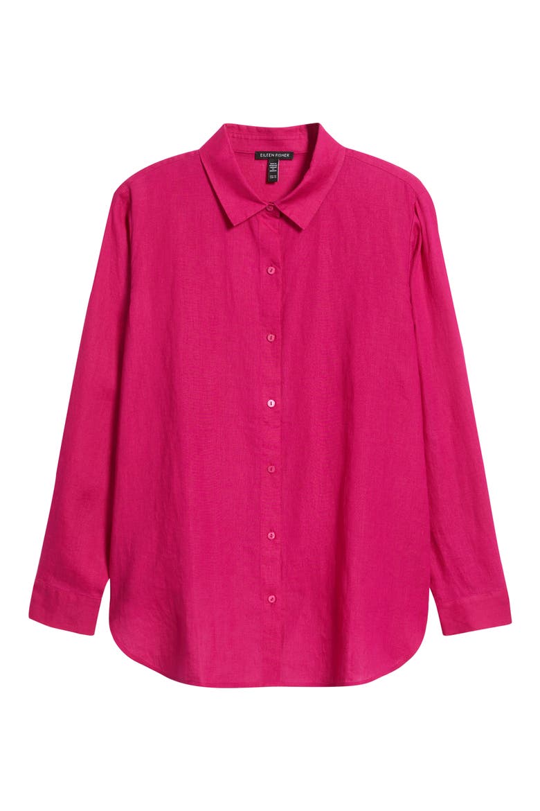 Classic Collar Organic Linen Long Button-Up Shirt, Alternate, color, FUCHSIA