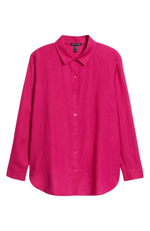 Eileen Fisher Classic Collar Organic Linen Long Button-up Shirt In Pink