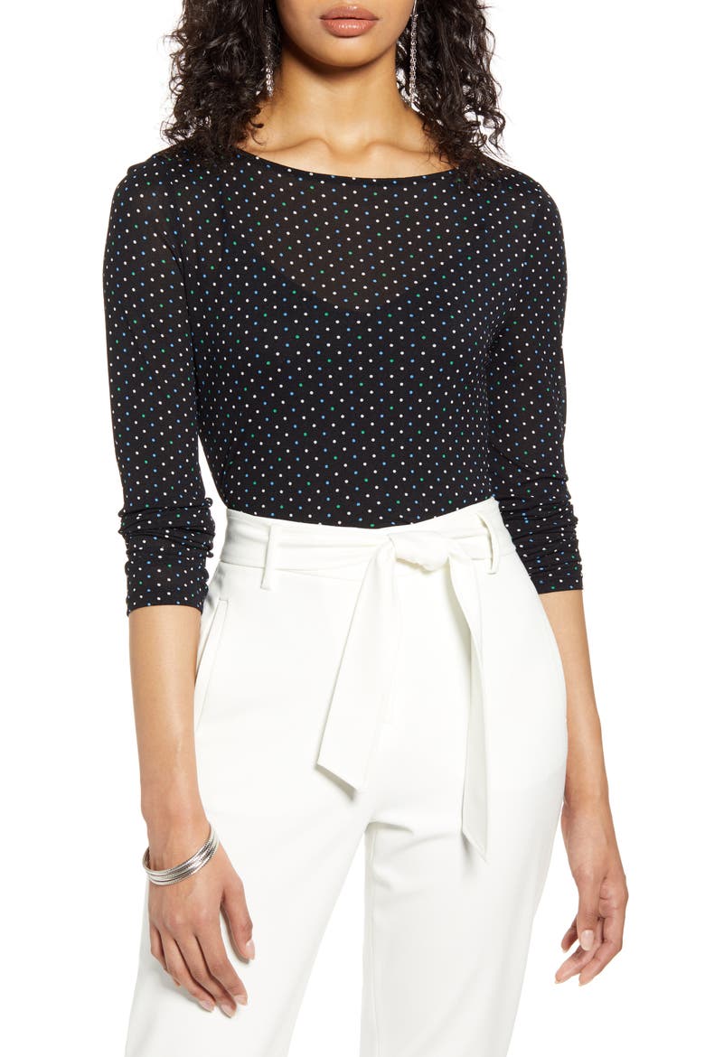 Boat Neck Mesh Top, Main, color, BLACK- IVORY MULTI LADY DOT