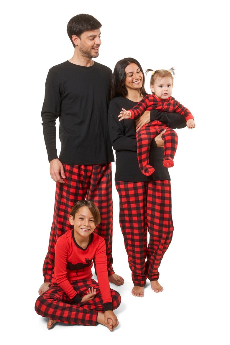 Men's Cotton Top & Fleece Pants Printed Matching Family Holiday Pajama Set, Alternate, color, Plaid Black & Red