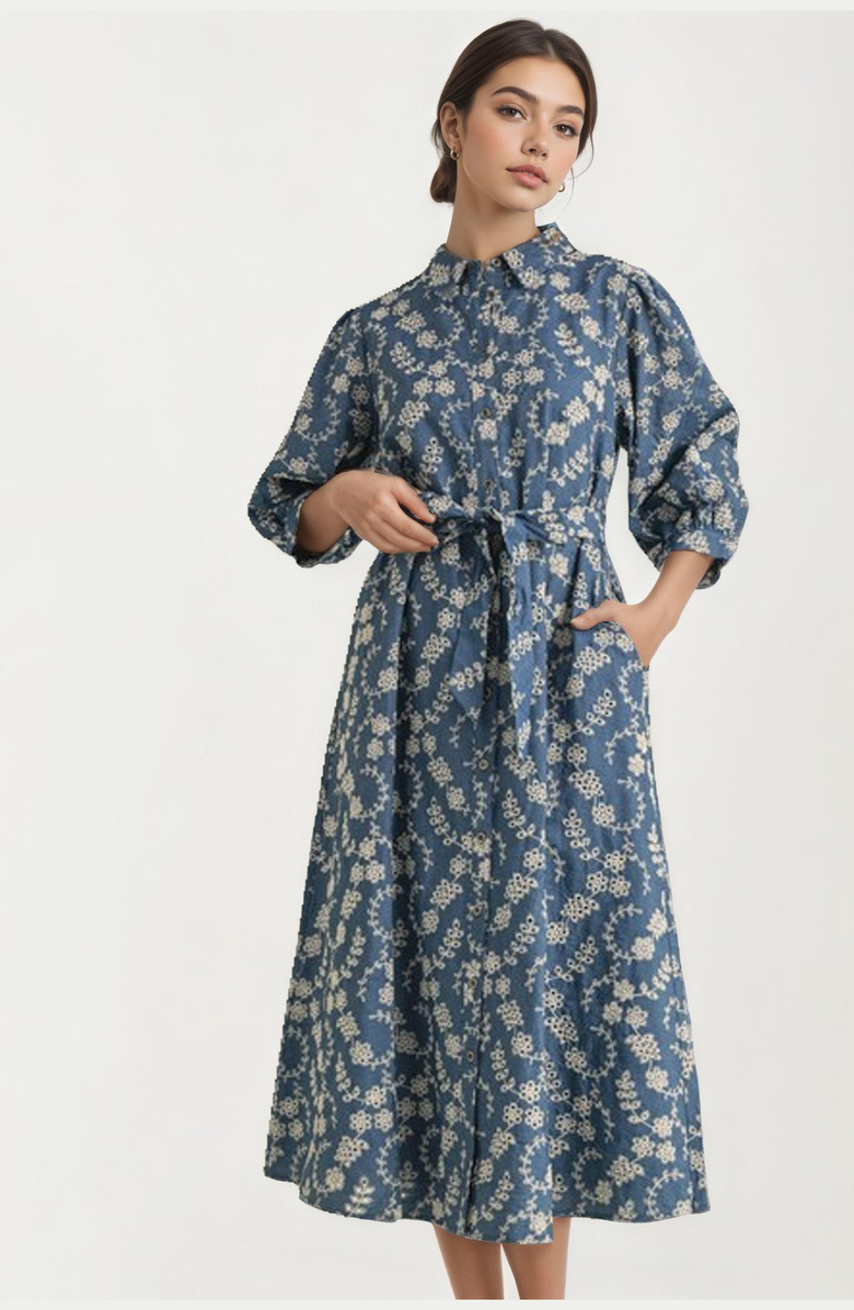 Knit and Lounge Collared Button-Front Tie-Waist Pocketed Midi Dress, Main, color, 