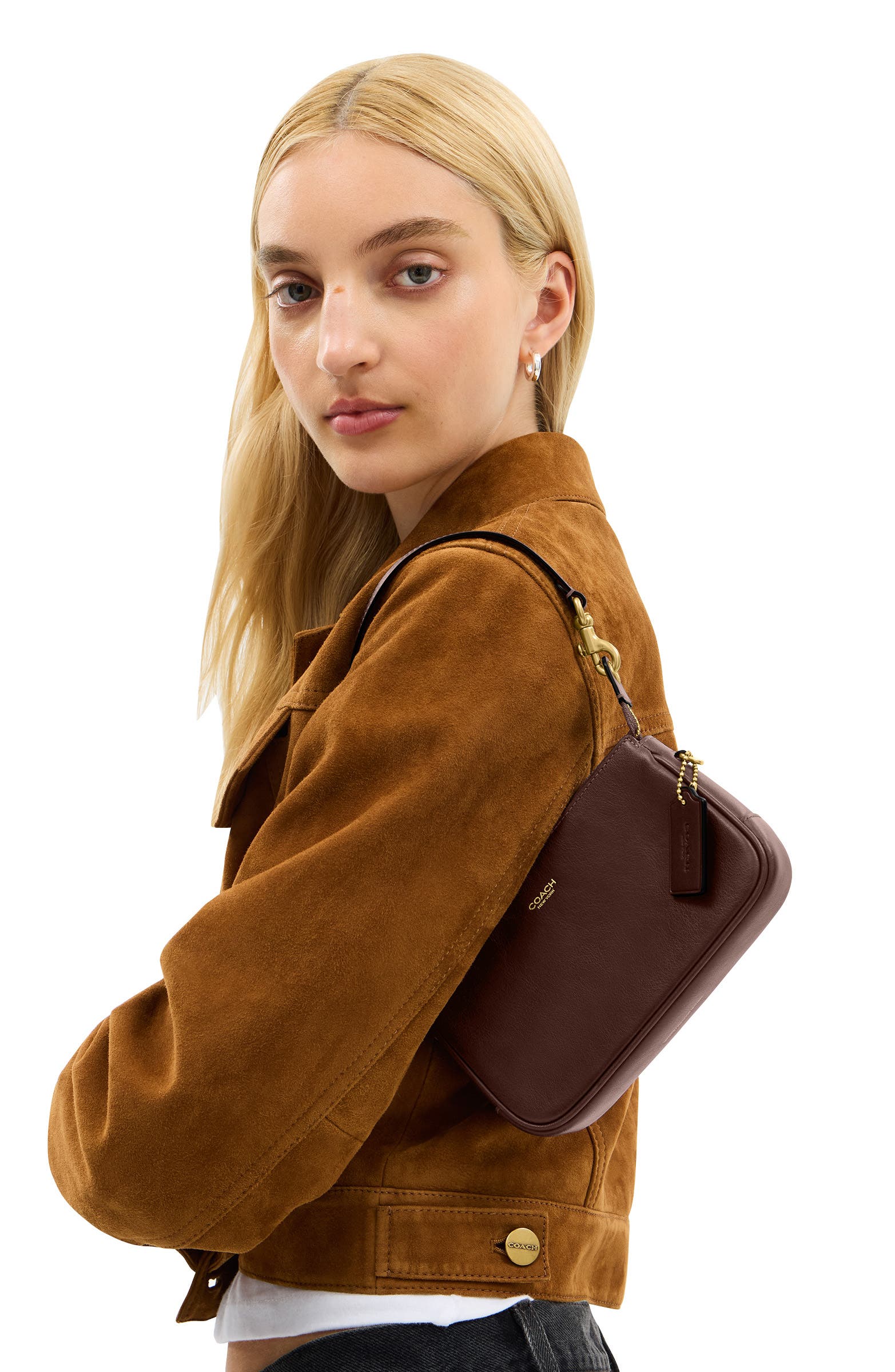 COACH Plaza 18 Natural Grain Leather Shoulder Bag, Alternate, color, B4/Maple