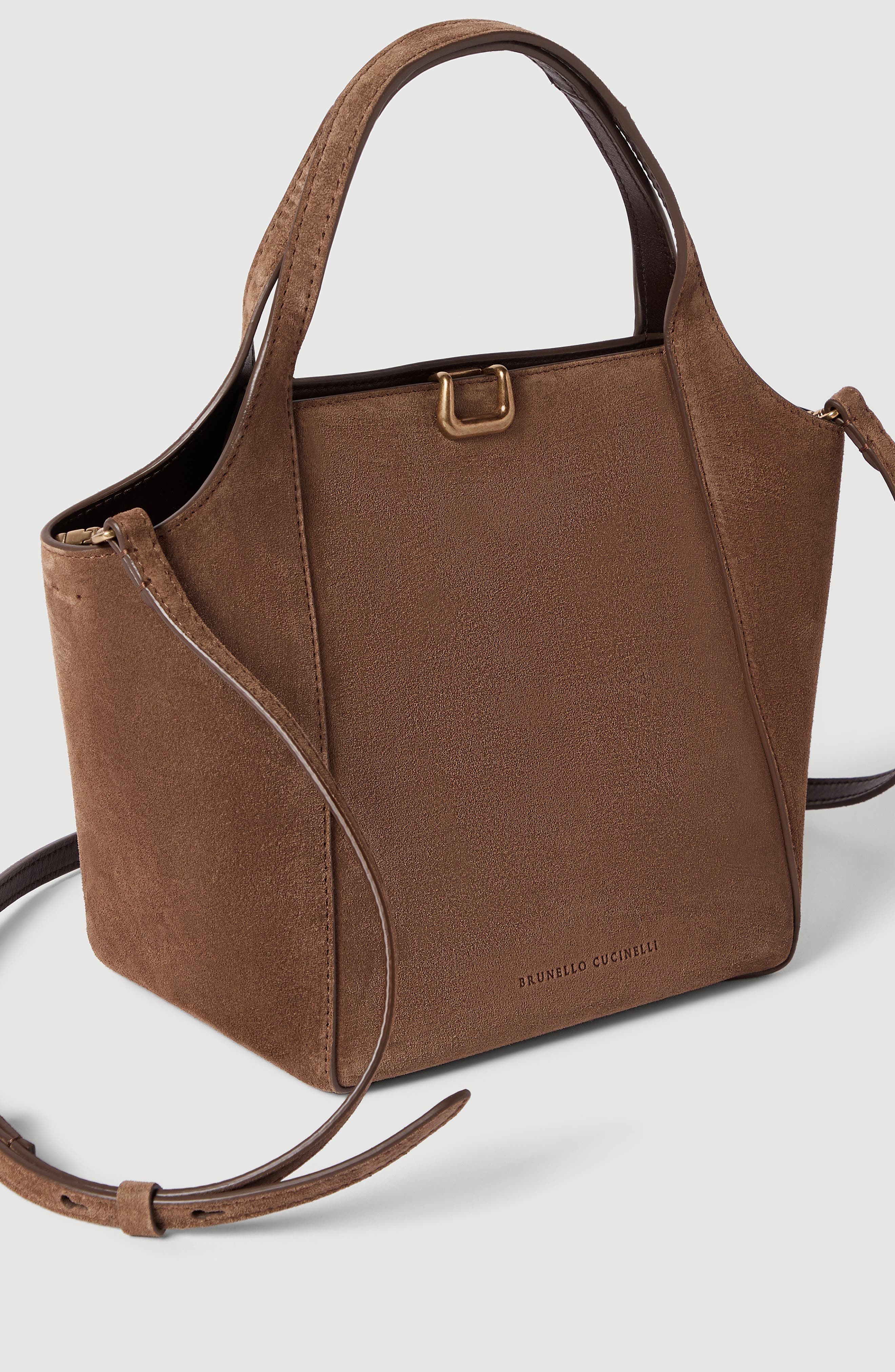 Sartorial small bucket bag in suede, Alternate, color, Caramel