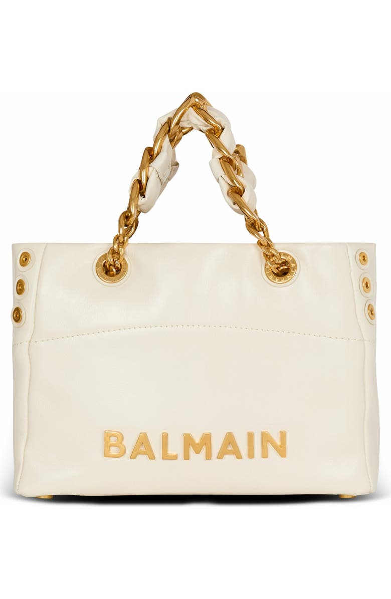 Balmain 1945 Soft Small Crinkled Leather Tote Bag, Main, color, White