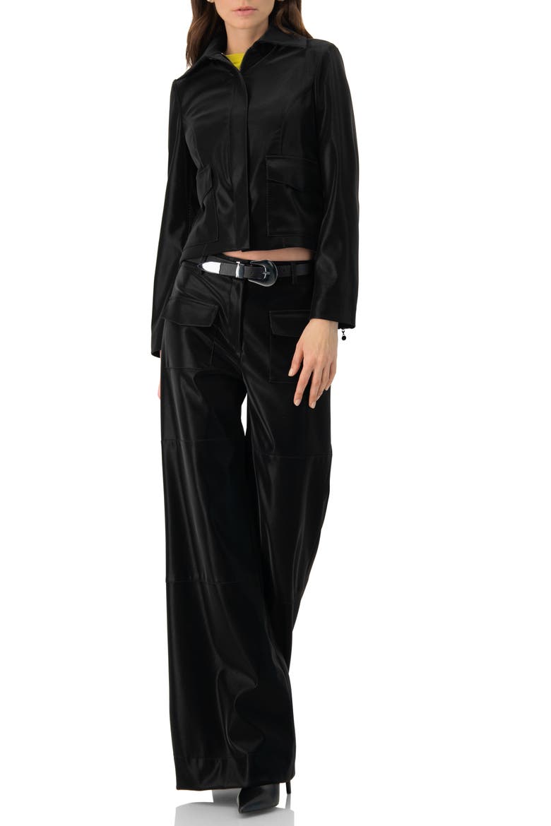 High Shine Semi-Flared Trousers, Alternate, color, Black