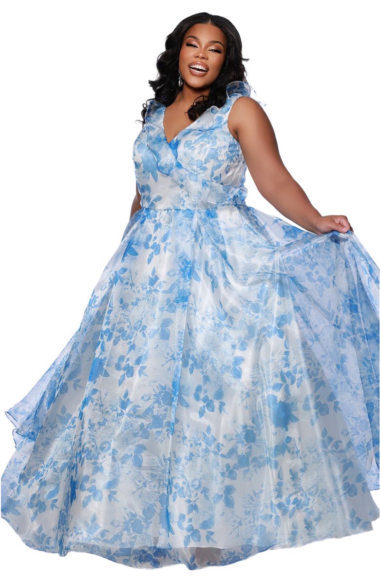Sydney's Closet Bra-Friendly A-line Plus Size Floral Gown, Alternate, color, Blue Floral