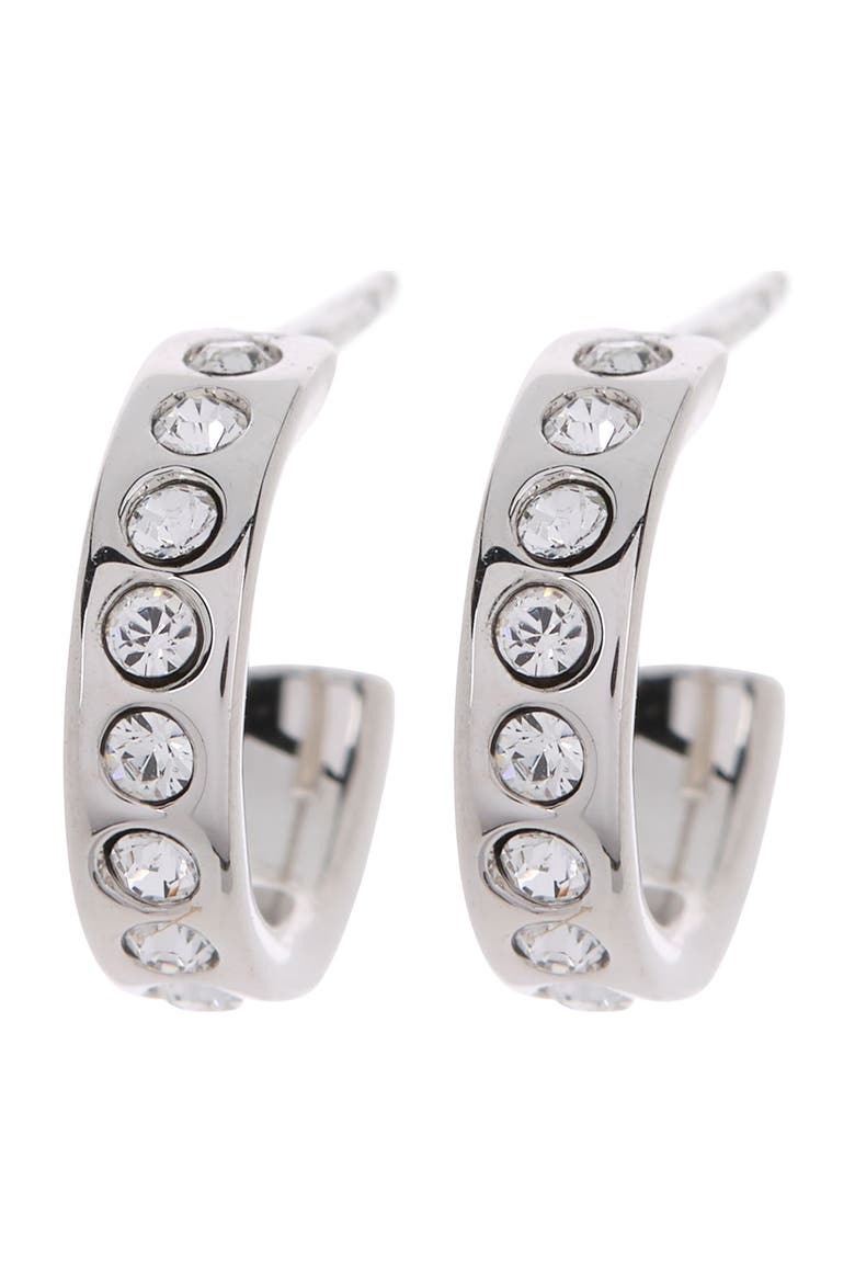 Seeni Mini Hoop Huggie Earrings, Main, color, SILVER TONE CRYSTAL