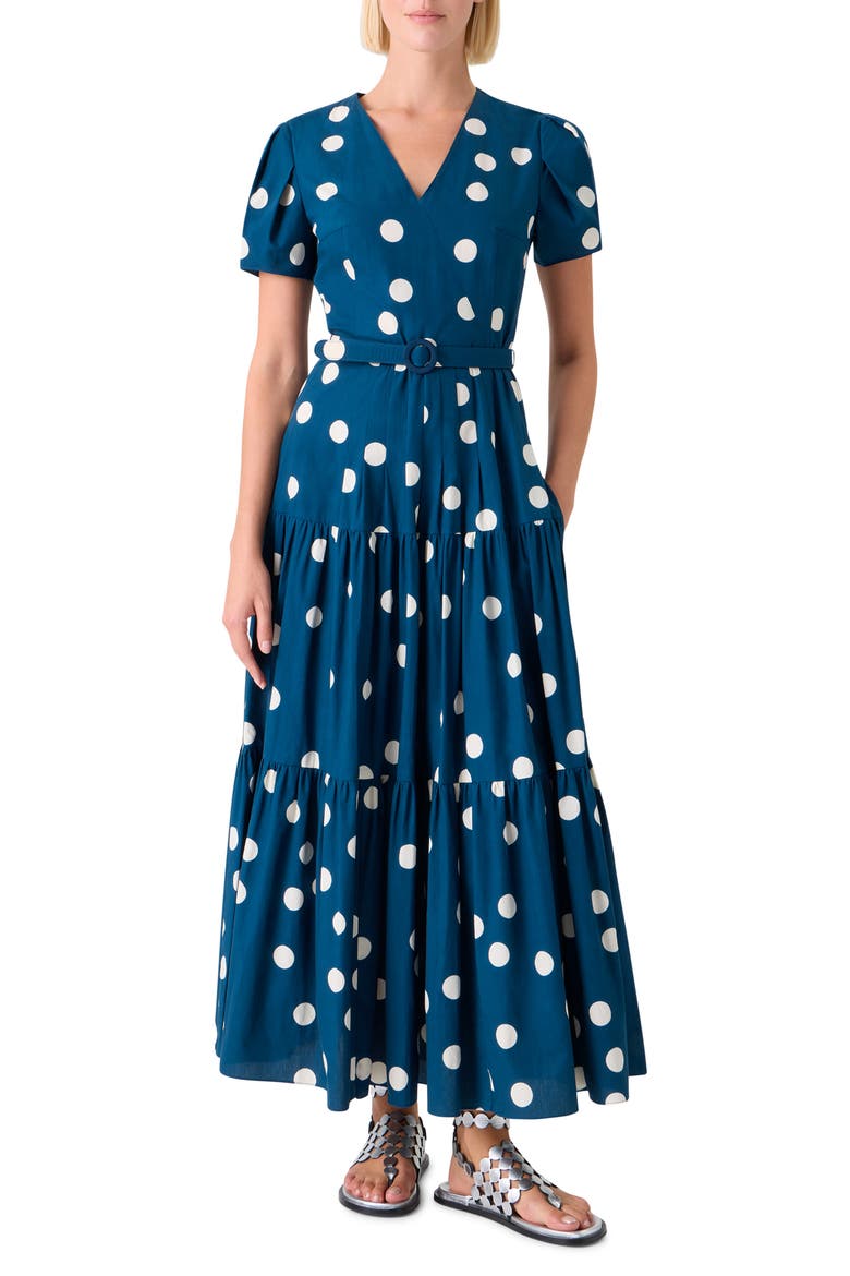 Polka Dot Tiered Cotton Poplin Dress, Main, color, DARK BLUE-CREAM