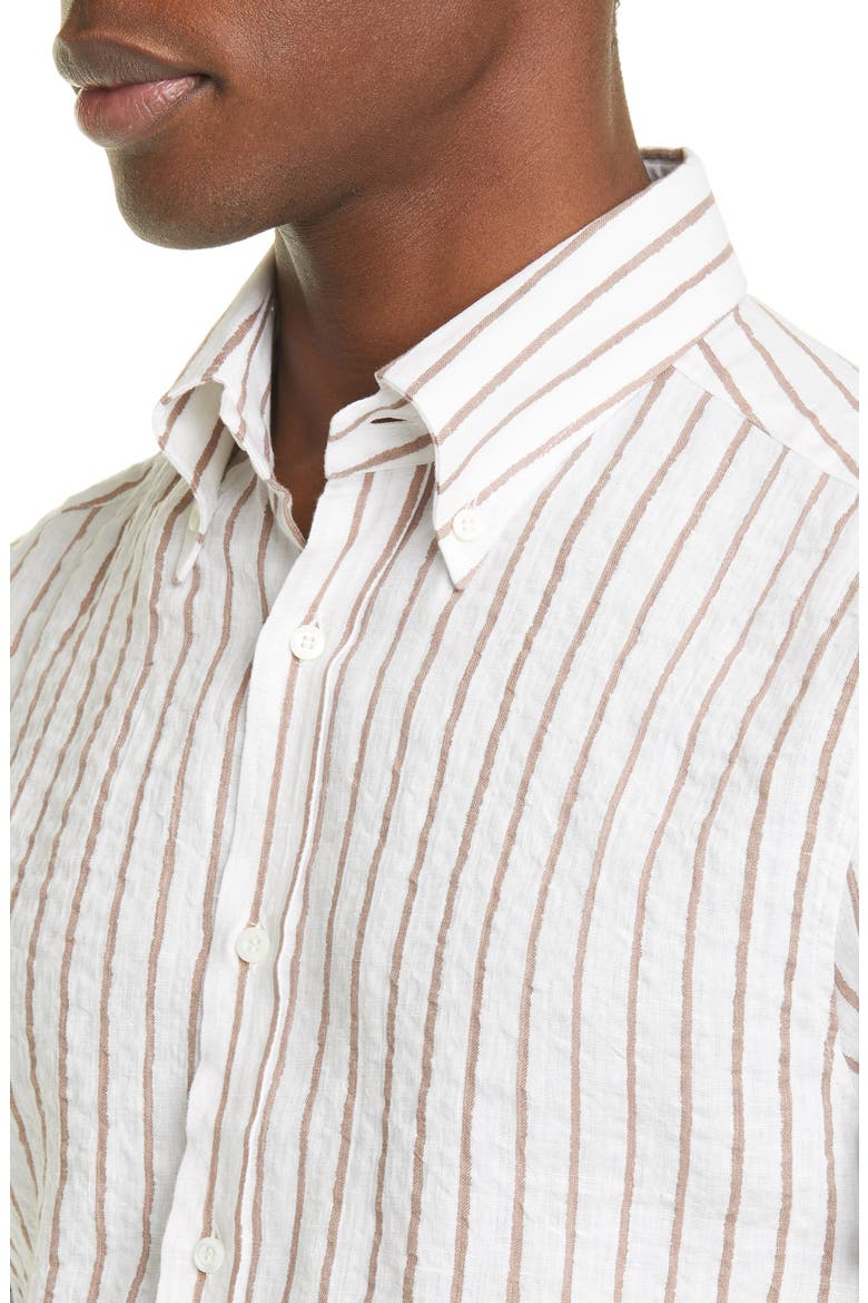 Slim Fit Stripe Linen Button-Down Shirt, Alternate, color, LIGHT BROWN