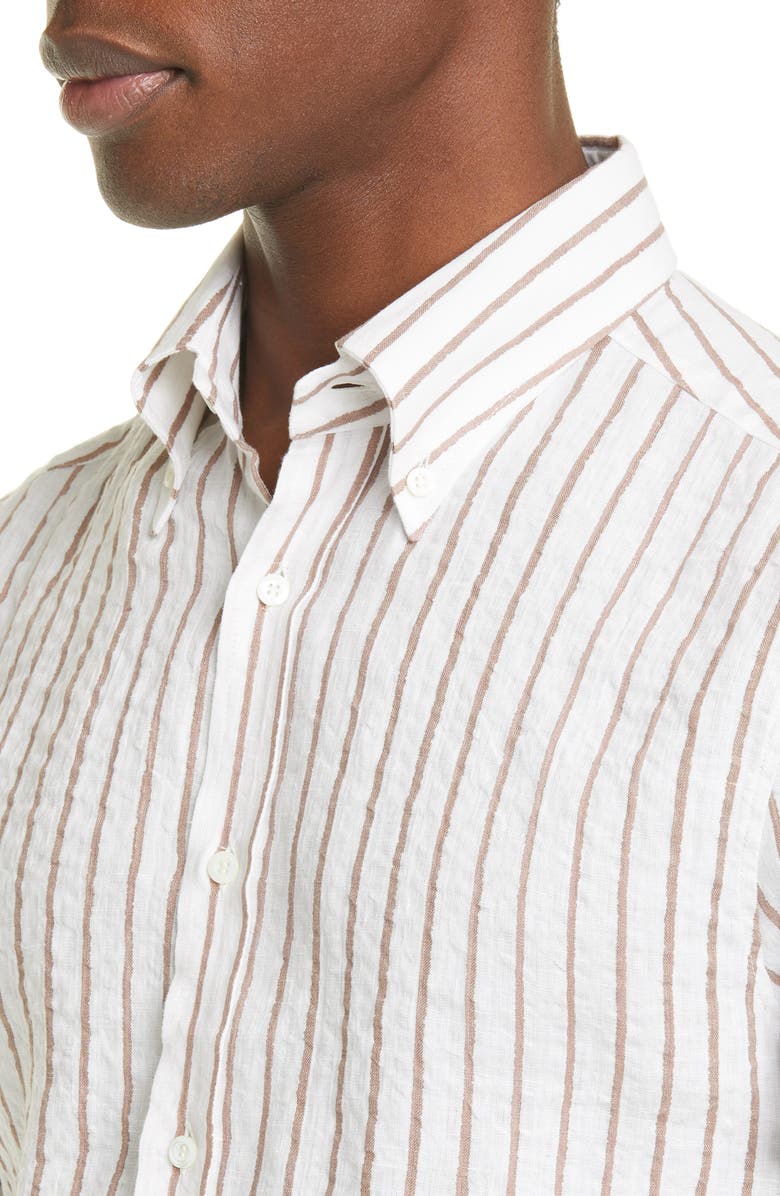 Brunello Cucinelli Slim Fit Stripe Linen Button-Down Shirt, Alternate, color,