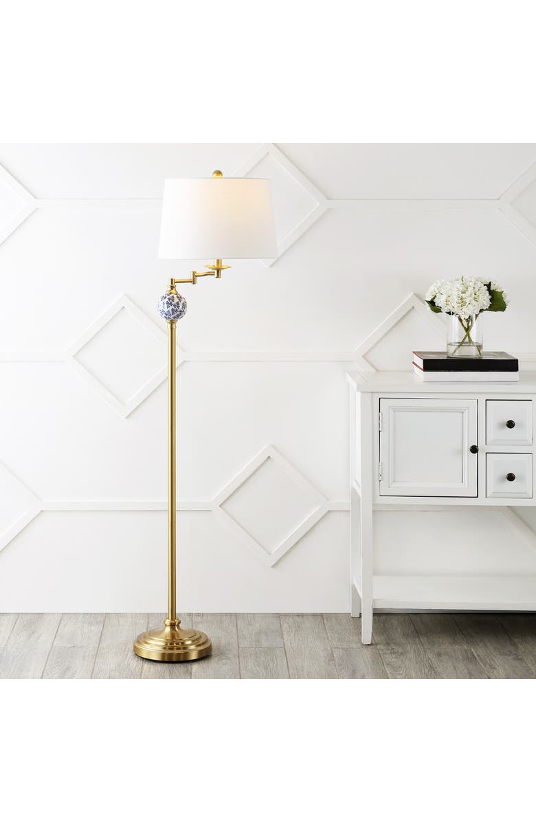 JONATHAN Y Aveiro Classic Midcentury Iron LED Floor Lamp, Alternate, color, Brass Gold/Blue